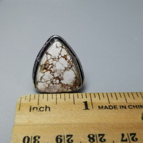 Vintage Marbled Stone Ring, Brown and White Triangle, Bezel Set Silver Tone Band - Picture 6 of 9